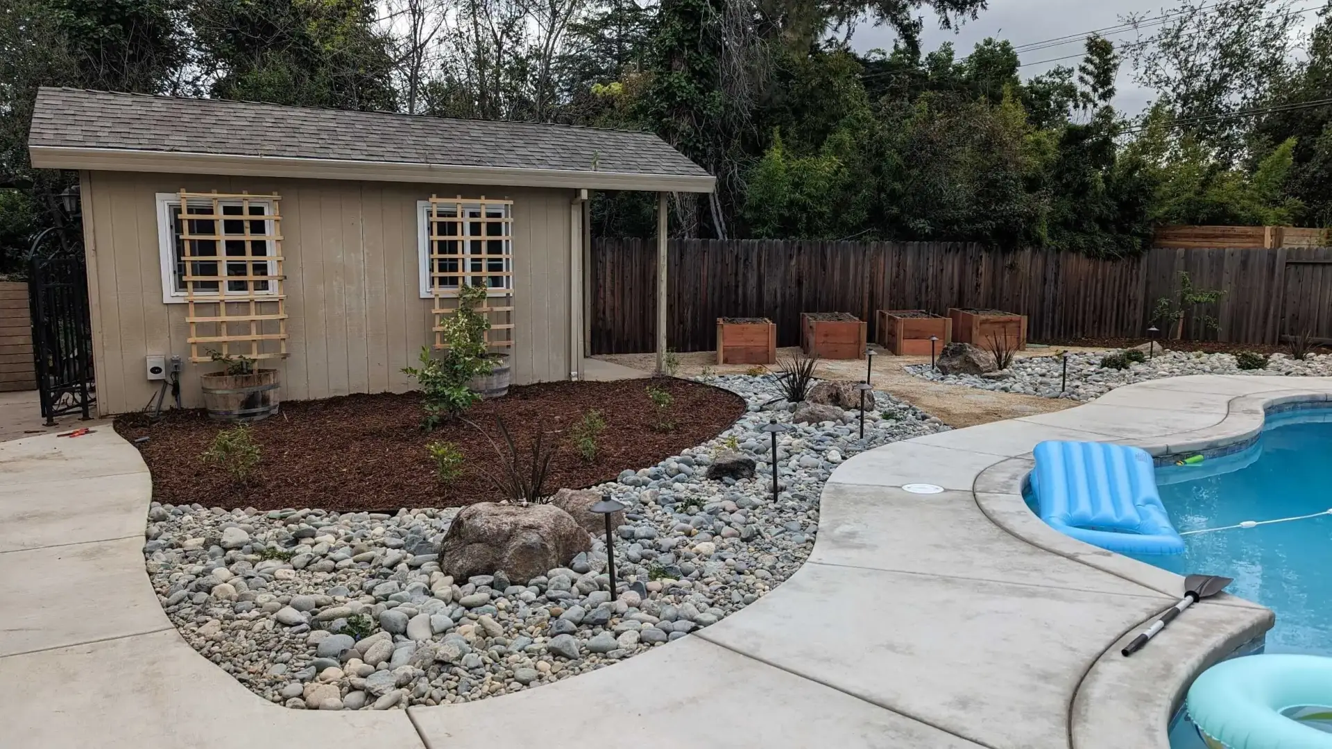 Pool surround landscape with hardscape decking in Folsom, CA