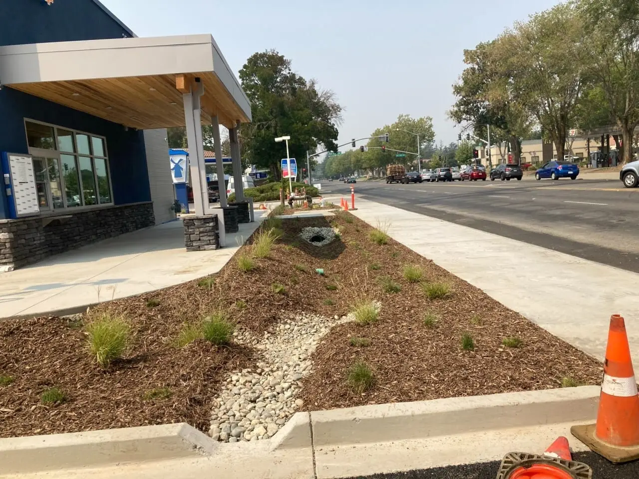Commercial bioswale and drainage installation