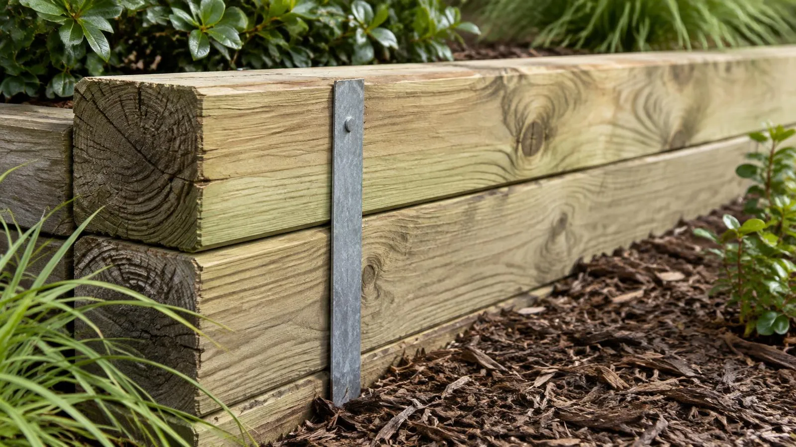 Best Wood for a Retaining Wall in Orangevale, CA — McGuire Earth Works Close view of stacked pressure-treated timbers and a galvanized spike in a low garden wall