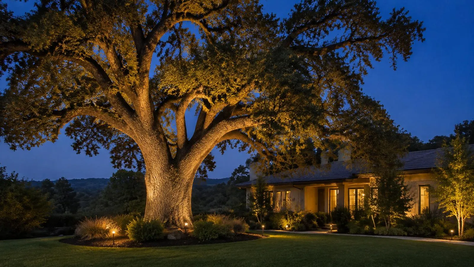 Oak Tree Uplighting in Folsom, CA — McGuire Earth Works Large mature oak lit warmly from below at dusk, with small lights on stakes in a mulch bed, a green lawn, and a house beside it